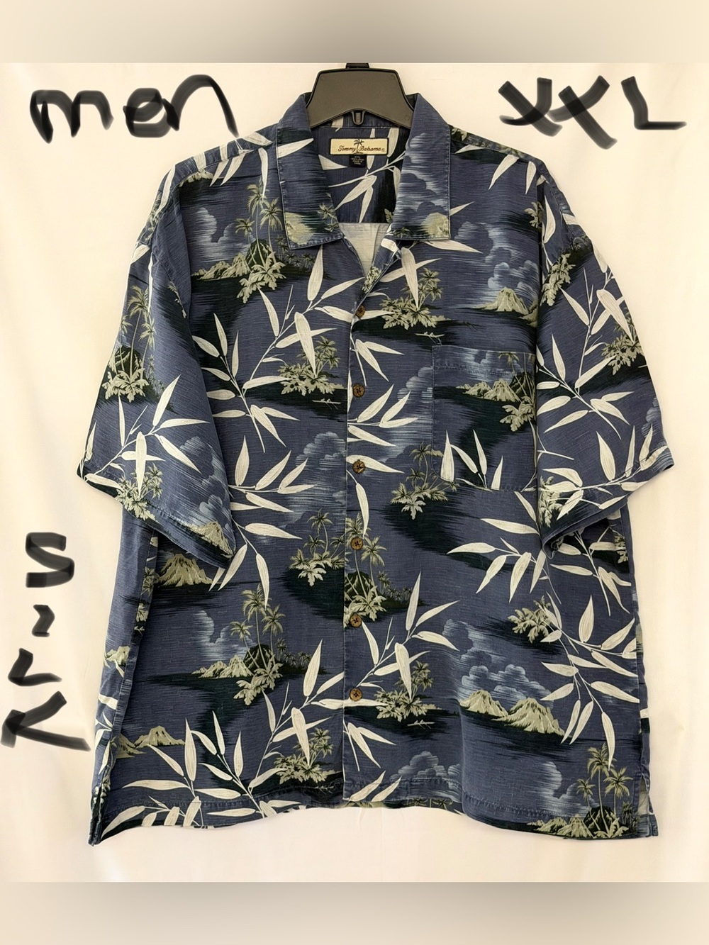 Tommy Bahama Navy, White and Olive Tropical 💯% Silk Shirt